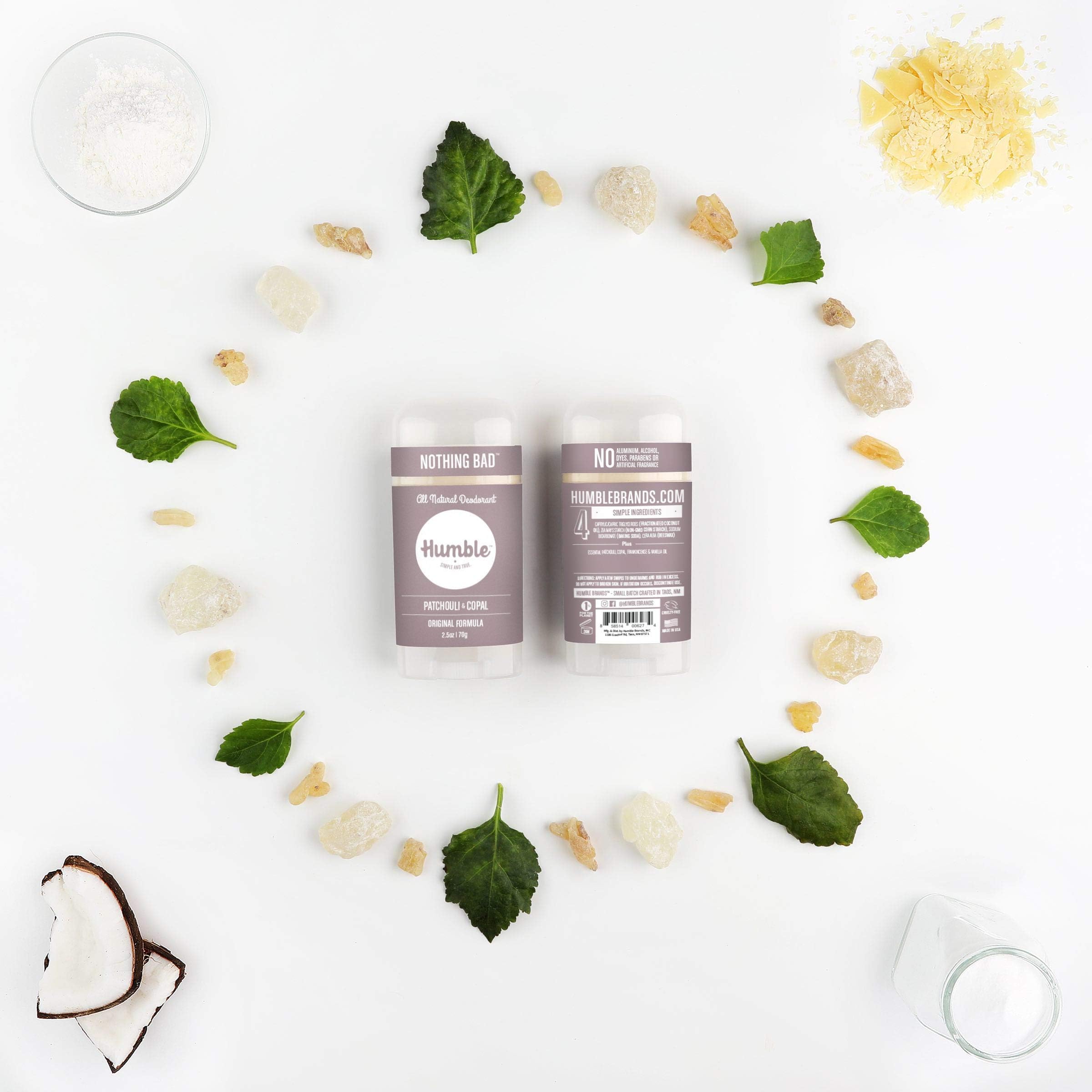 HUMBLE BRANDS Patchouli Copal Frankincense deodorant box shows branding and scent notes.