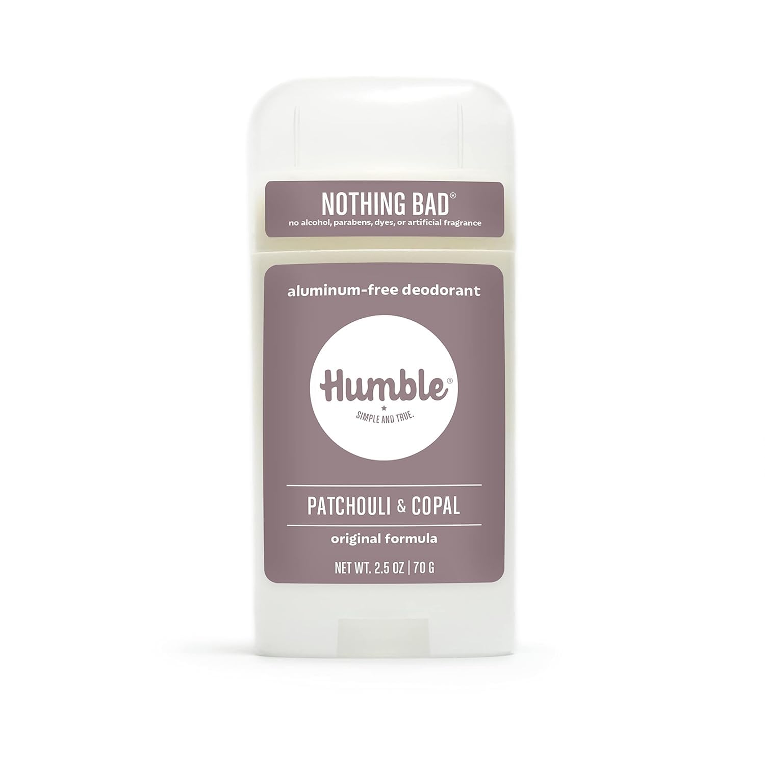 HUMBLE BRANDS Patchouli Copal Frankincense deodorant packaging highlights the 2.5 oz size for travel.