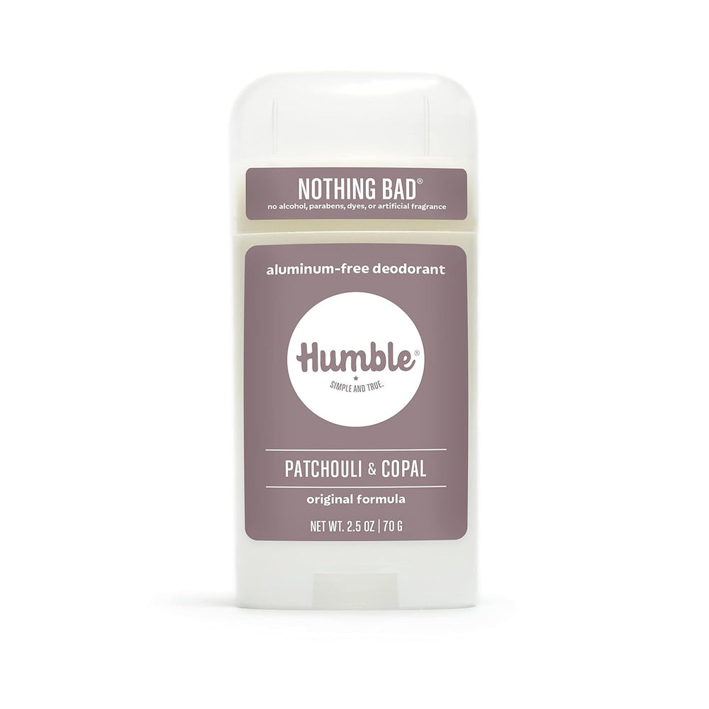 HUMBLE BRANDS Patchouli Copal Frankincense deodorant packaging highlights the 2.5 oz size for travel.