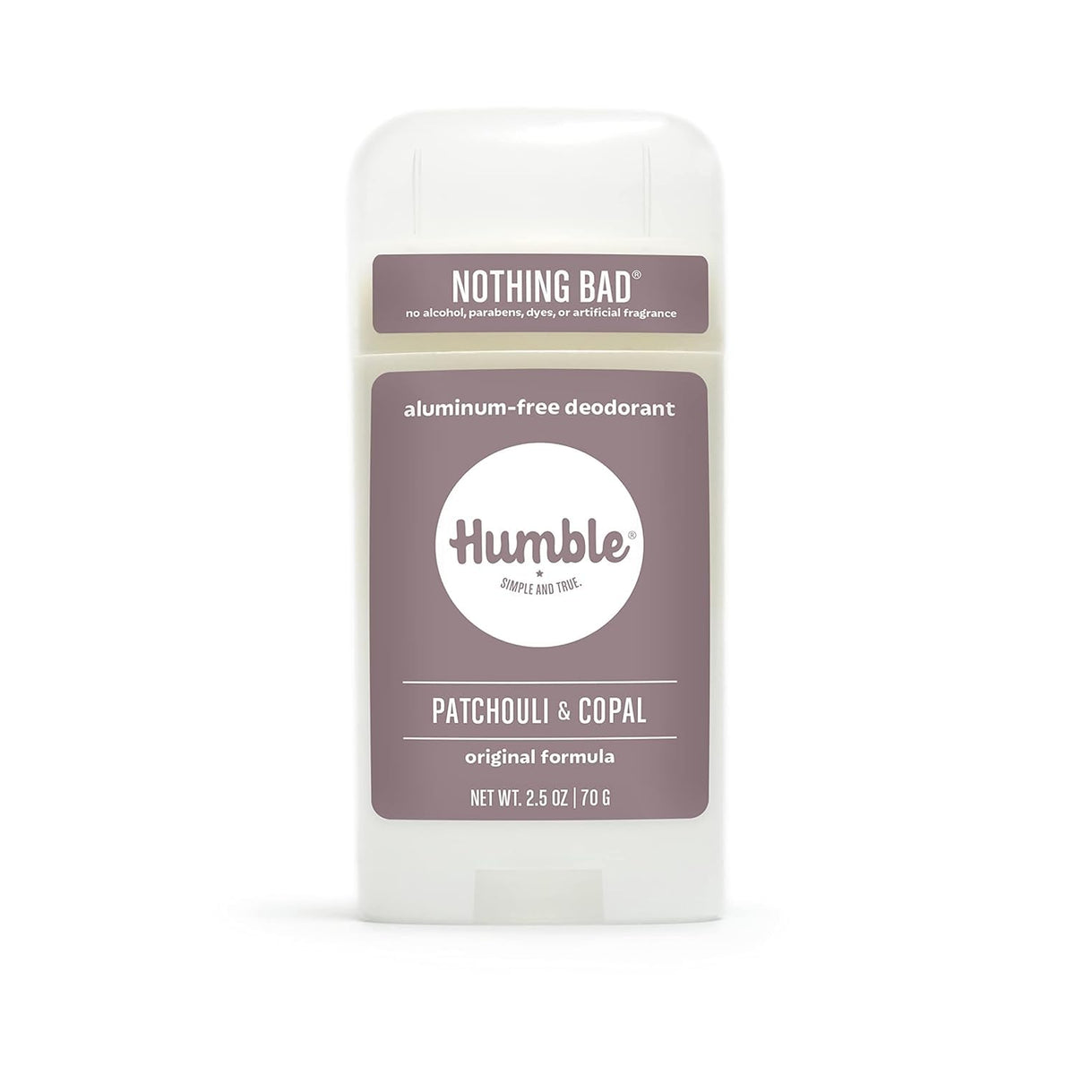 HUMBLE BRANDS Patchouli Copal Frankincense deodorant packaging highlights the 2.5 oz size for travel.