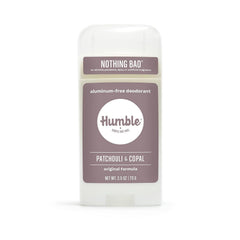 HUMBLE BRANDS Patchouli Copal Frankincense deodorant packaging highlights the 2.5 oz size for travel.