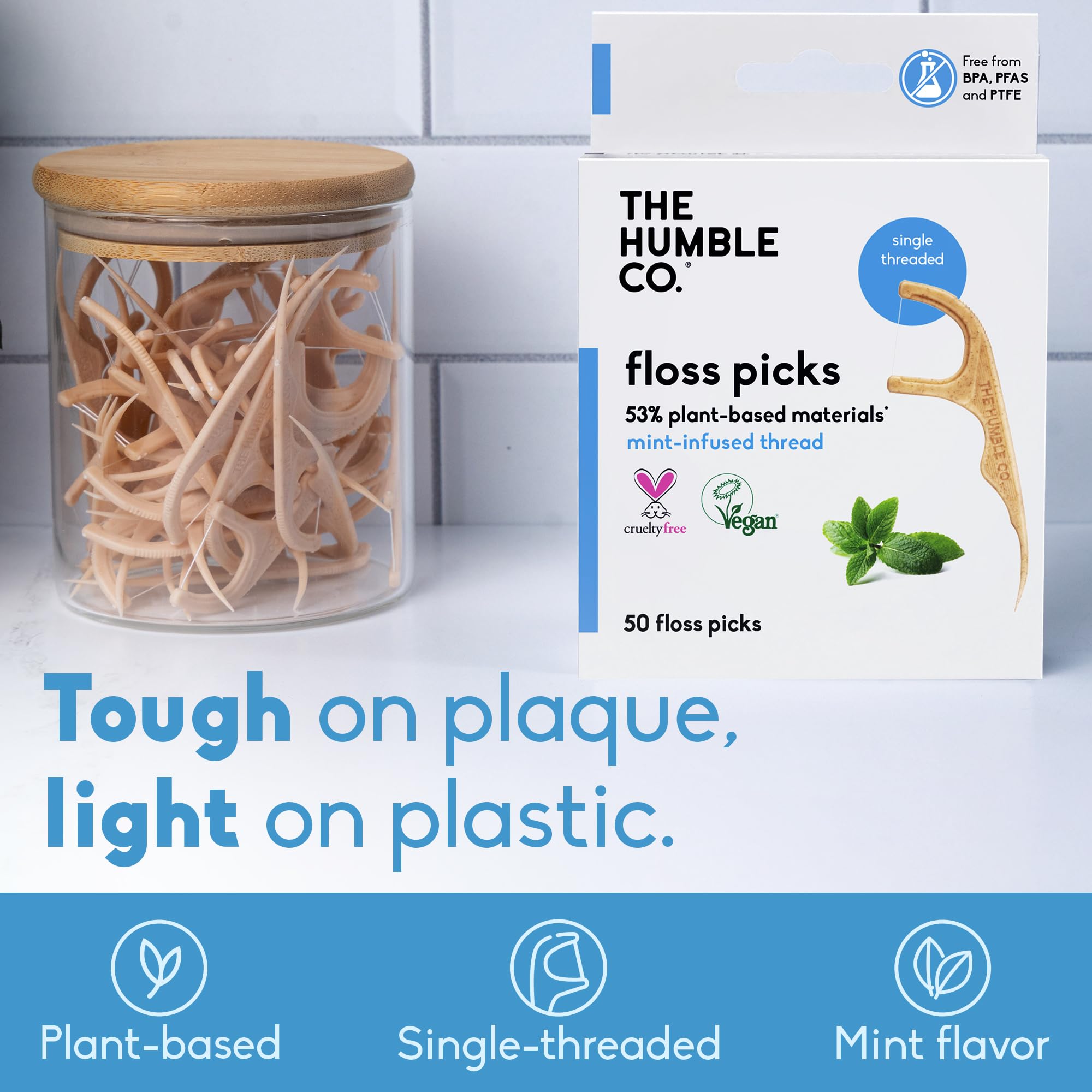 The Humble Co dual-ended floss picks for easy reach between teeth.