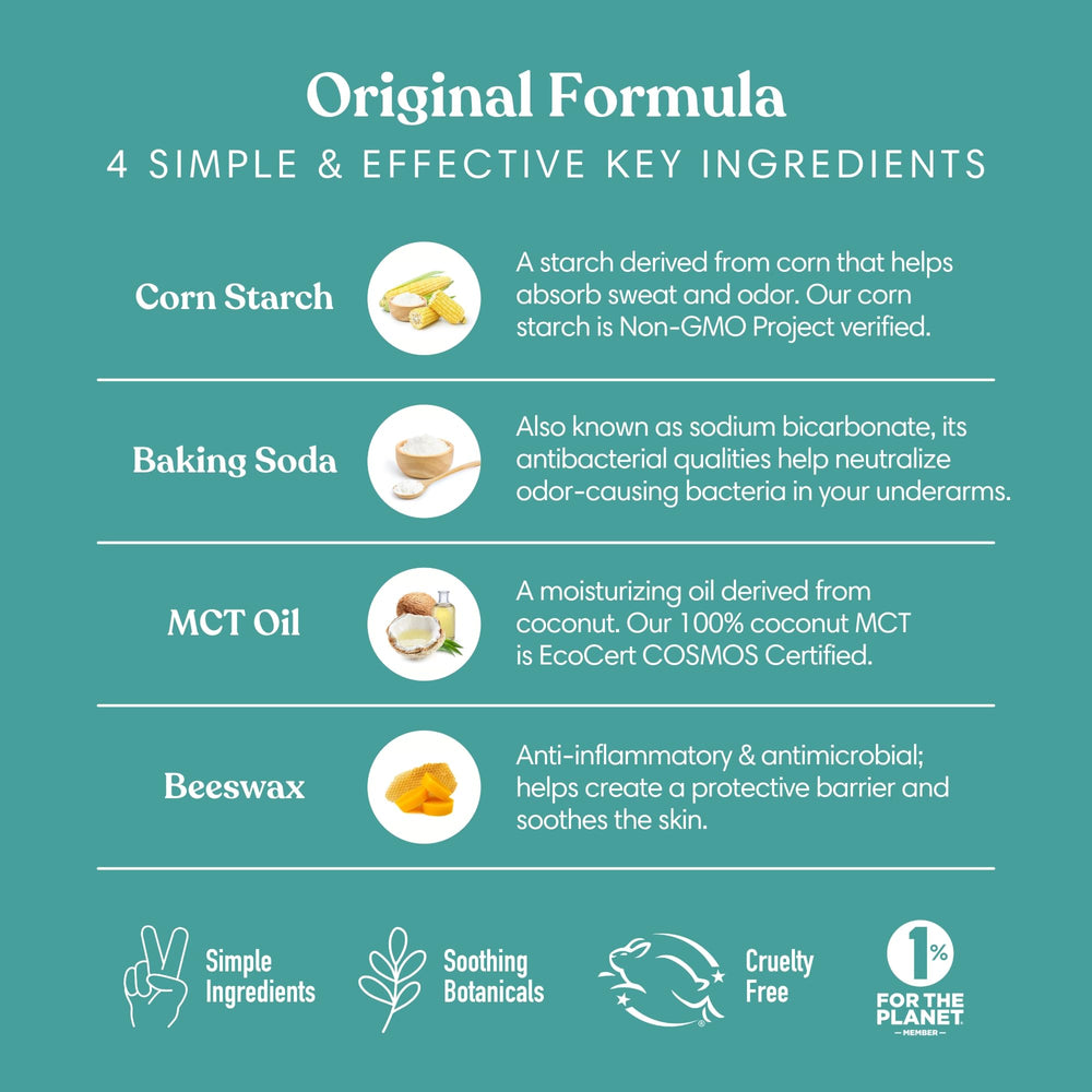 Baking soda and non-GMO corn starch provide gentle odor balance in Humble deodorant