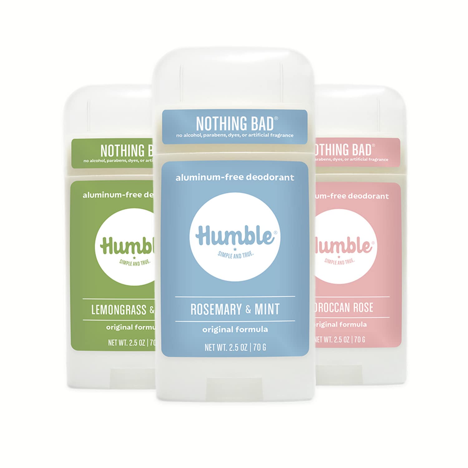 Humble Original Formula deodorant bottle shows aluminum-free protection for daily odor control.