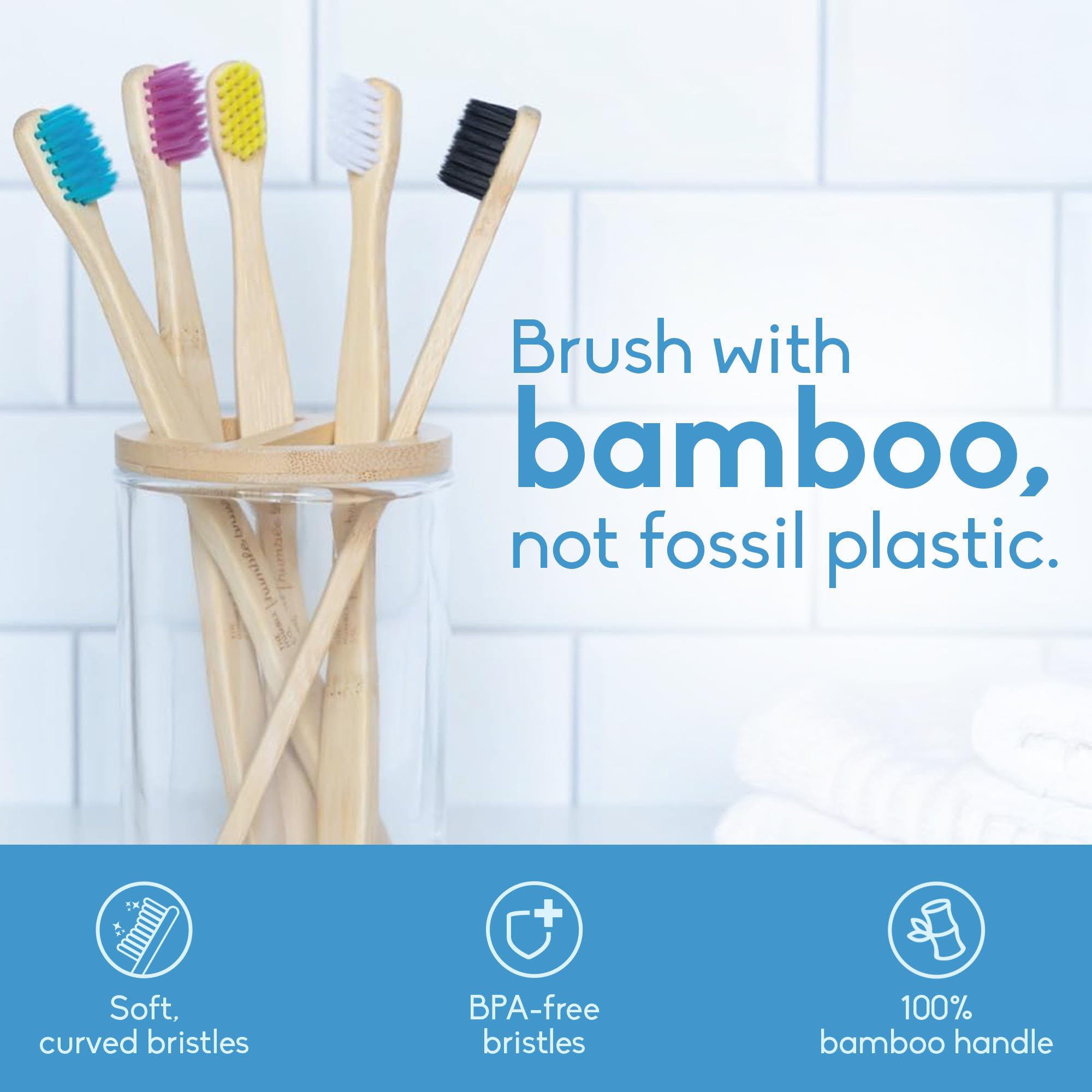 The Humble Co bamboo-handle toothbrush shows natural material for eco-friendly care.