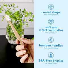 The Humble Co eco-packaging bamboo toothbrush highlights plastic-free design.