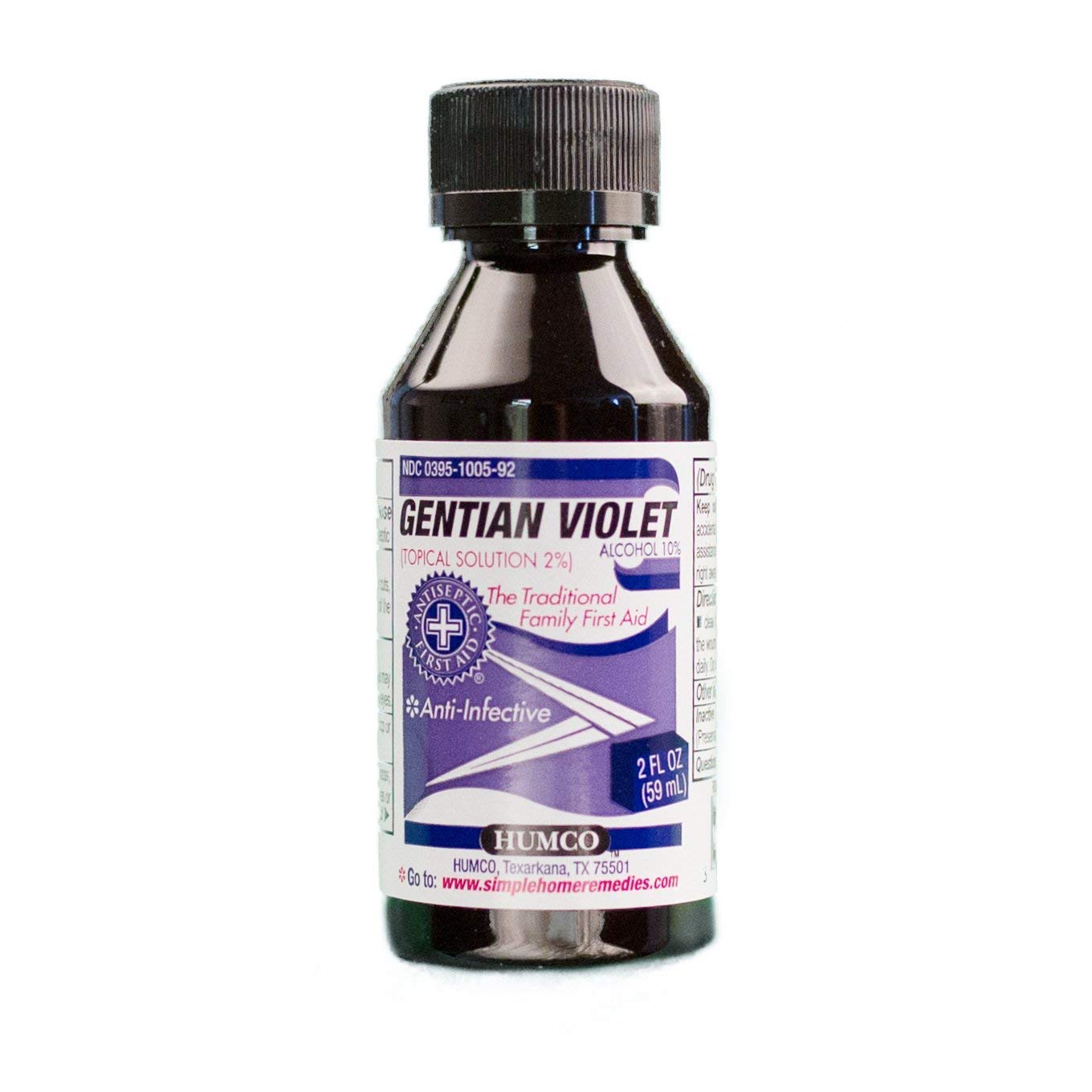 Humco Gentian Violet 2% solution bottle, compact 2 oz packaging, ideal for quick staining tasks.