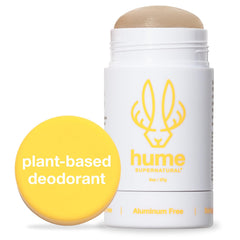 HUME SUPERNATURAL Coconut Coast deodorant bottle shows aluminum-free formula for sensitive skin.