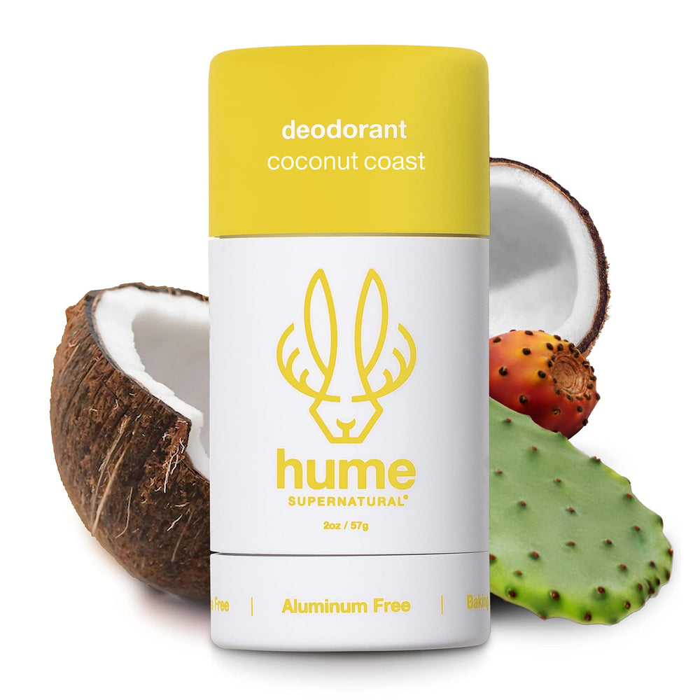 HUME SUPERNATURAL coconut coast packaging showcases brand aesthetic and natural ingredients.