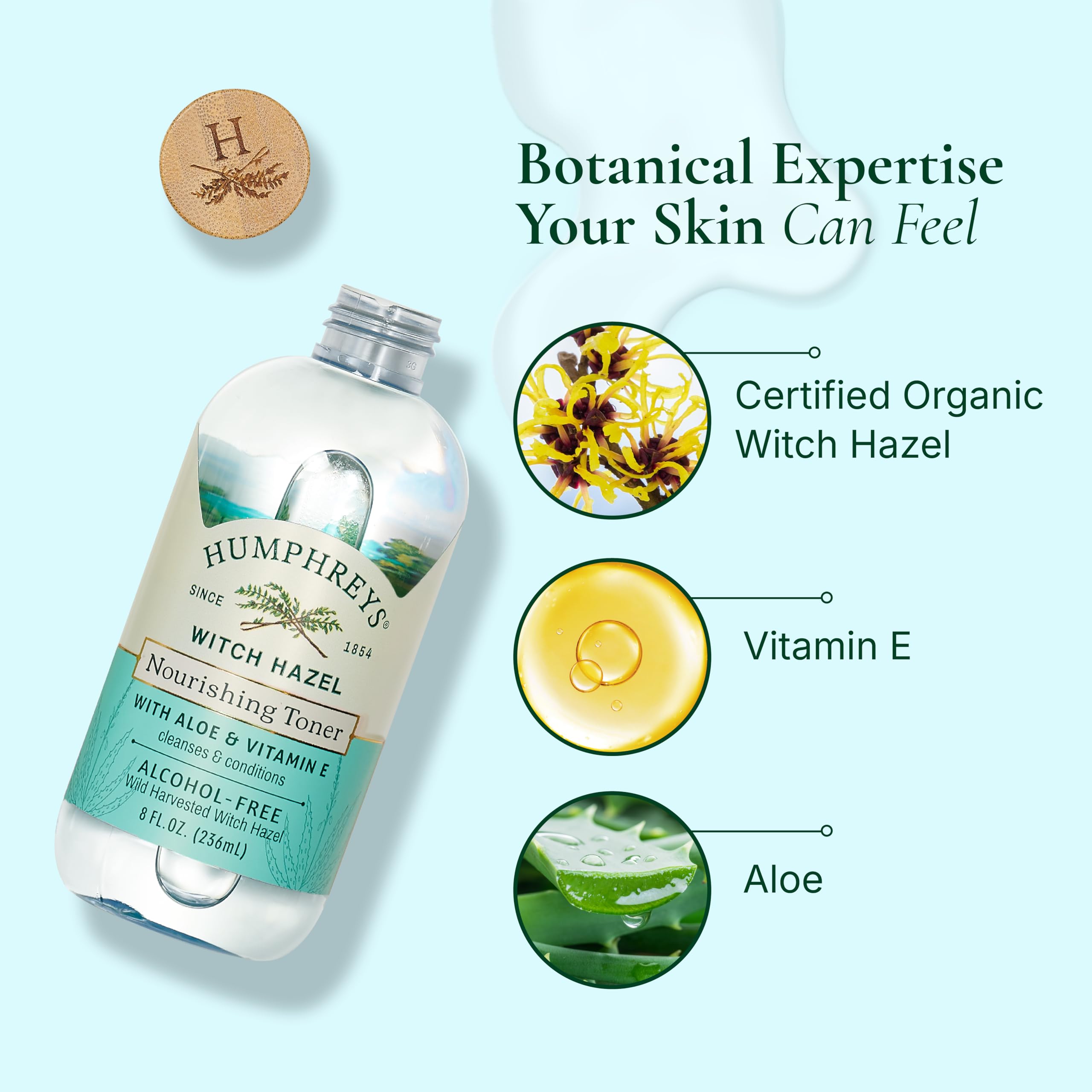 Toner bottle label highlights organic, alcohol-free formula and ethical sourcing