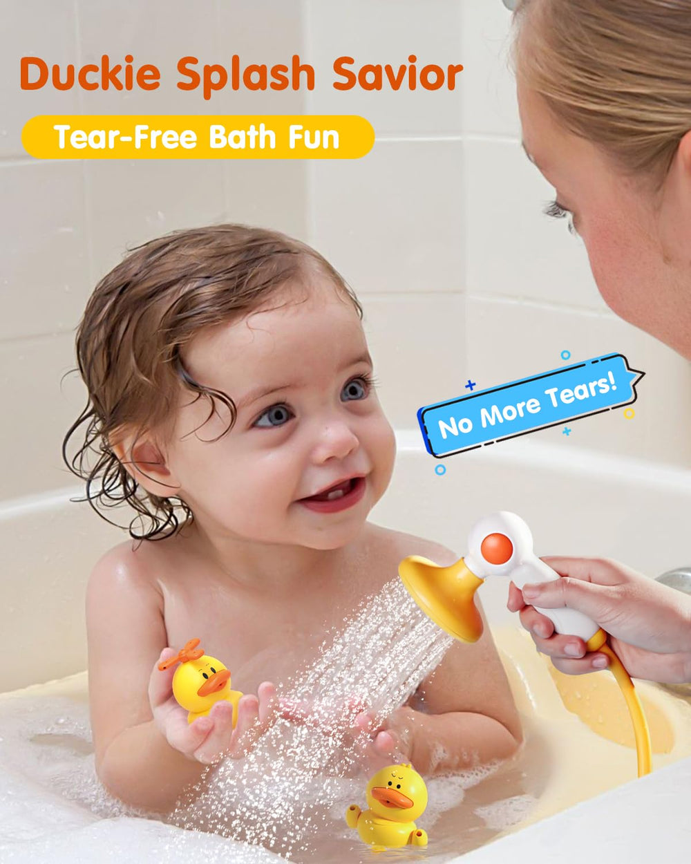 Humzo Duckie bath shower head shows four spray modes for varied water fun