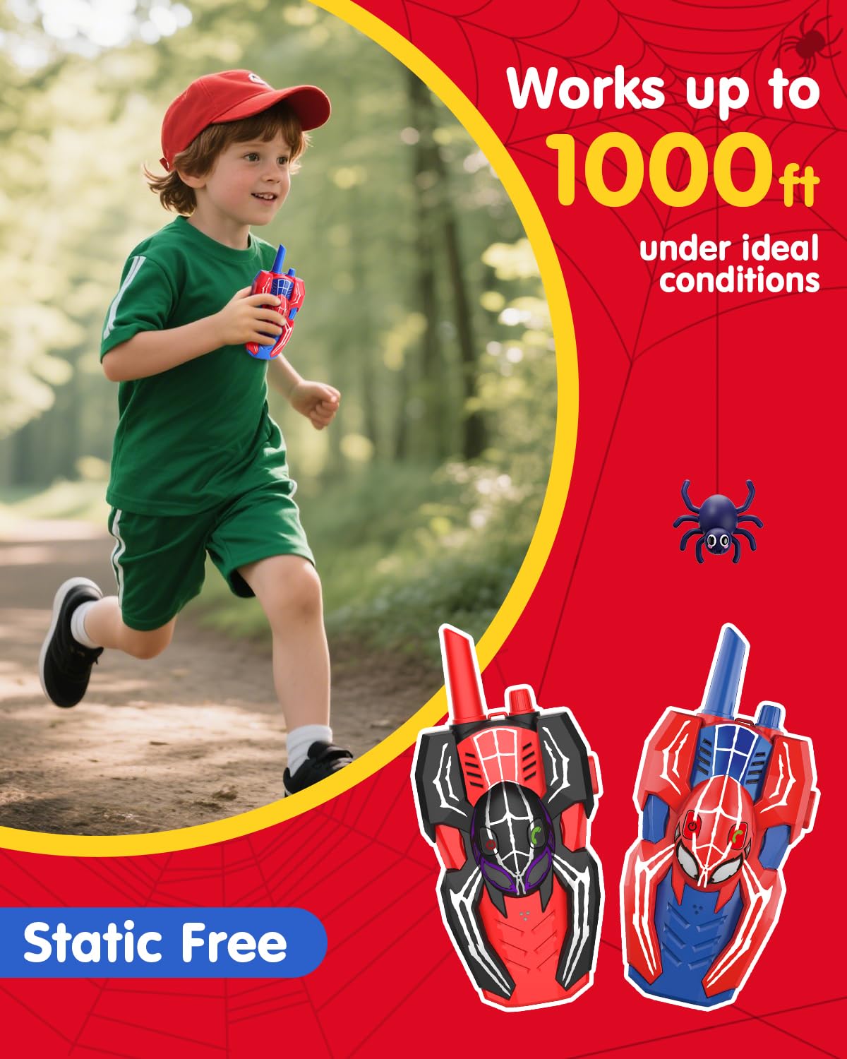 Humzo Spider Hero walkie talkie side view highlighting compact size for small hands.