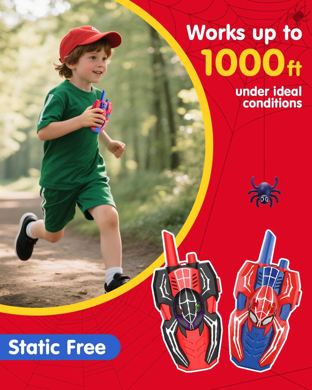 Humzo Spider Hero walkie talkie side view highlighting compact size for small hands.