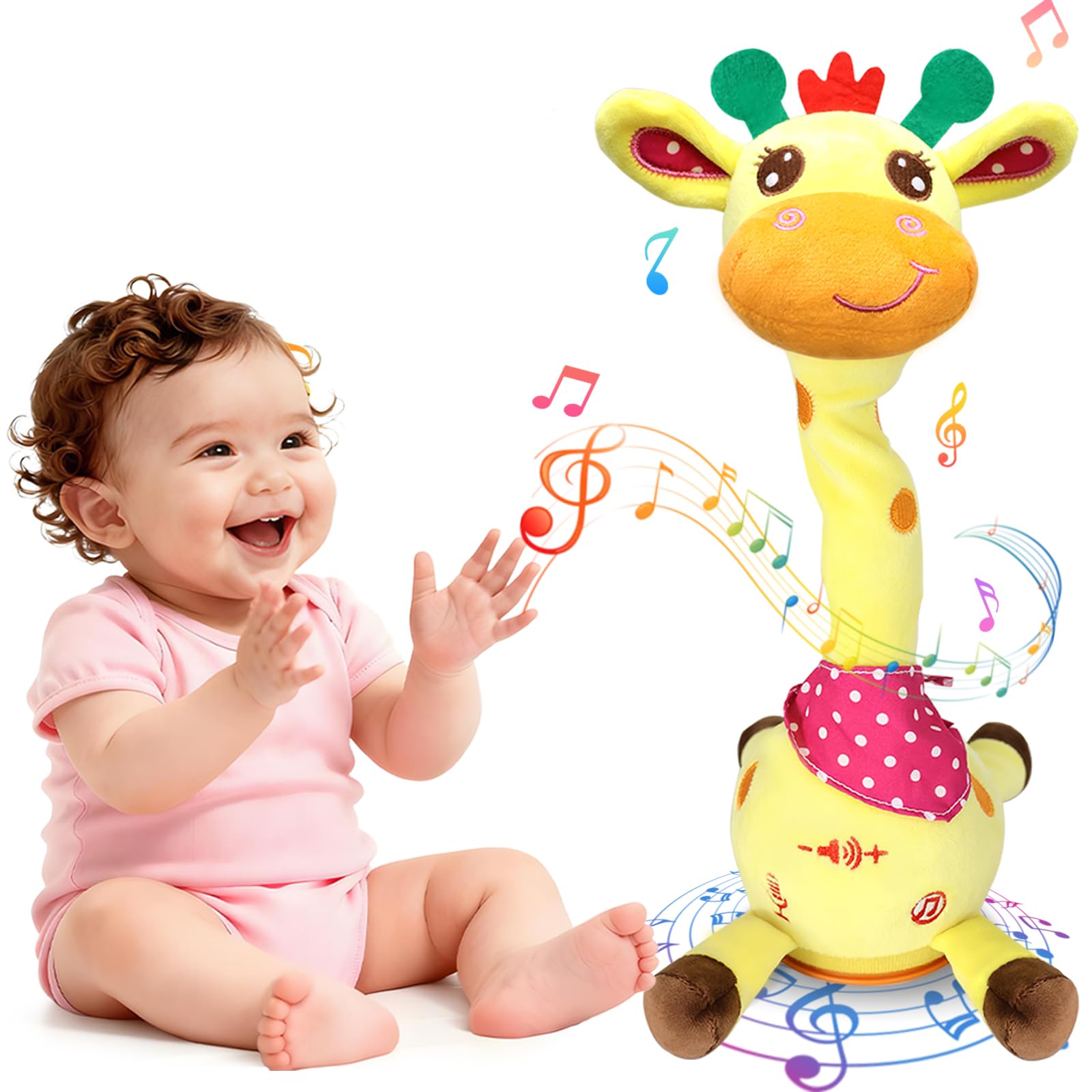 Hunfur talking dancing giraffe toy in action during tummy time for lively movement.