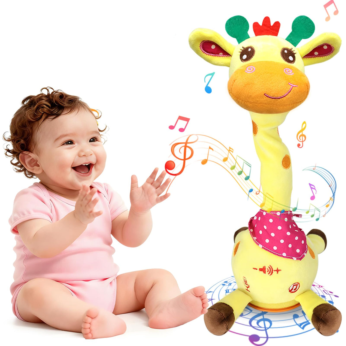 Hunfur talking dancing giraffe toy in action during tummy time for lively movement.