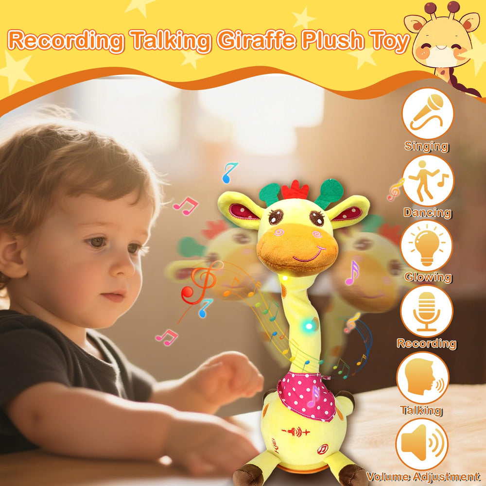 Hunfur giraffe toy sings back, encouraging interactive play and listening skills.