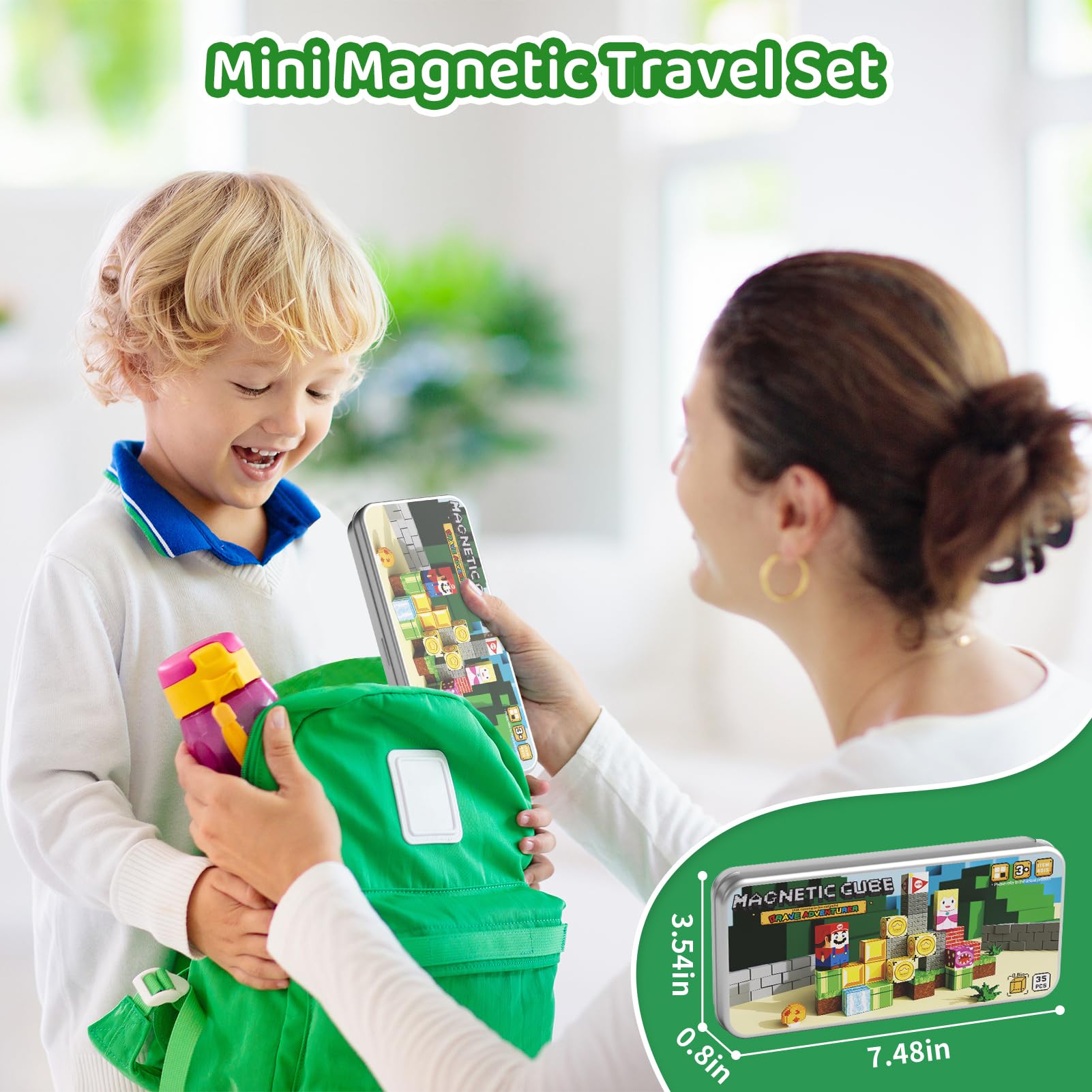 Hunloot magnetic blocks attached to a refrigerator for surface play.
