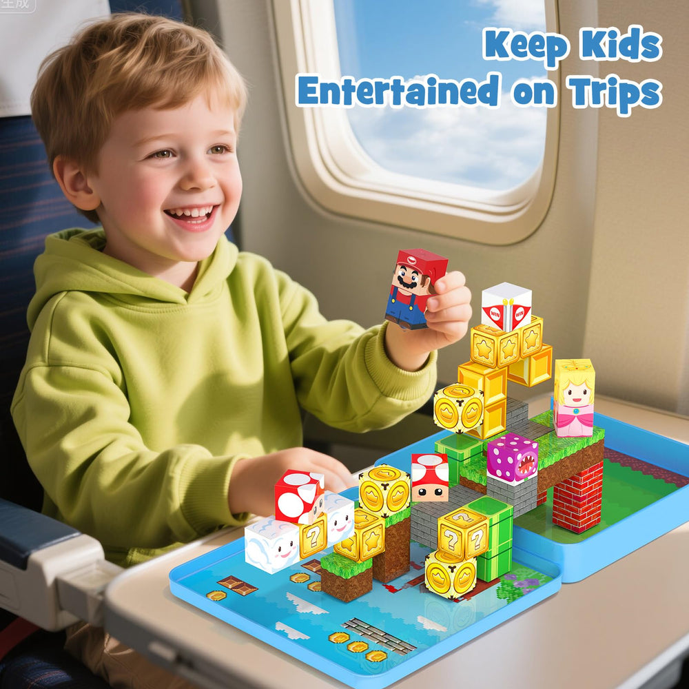 Hunloot magnetic tiles forming creative structures on a sturdy metal surface.