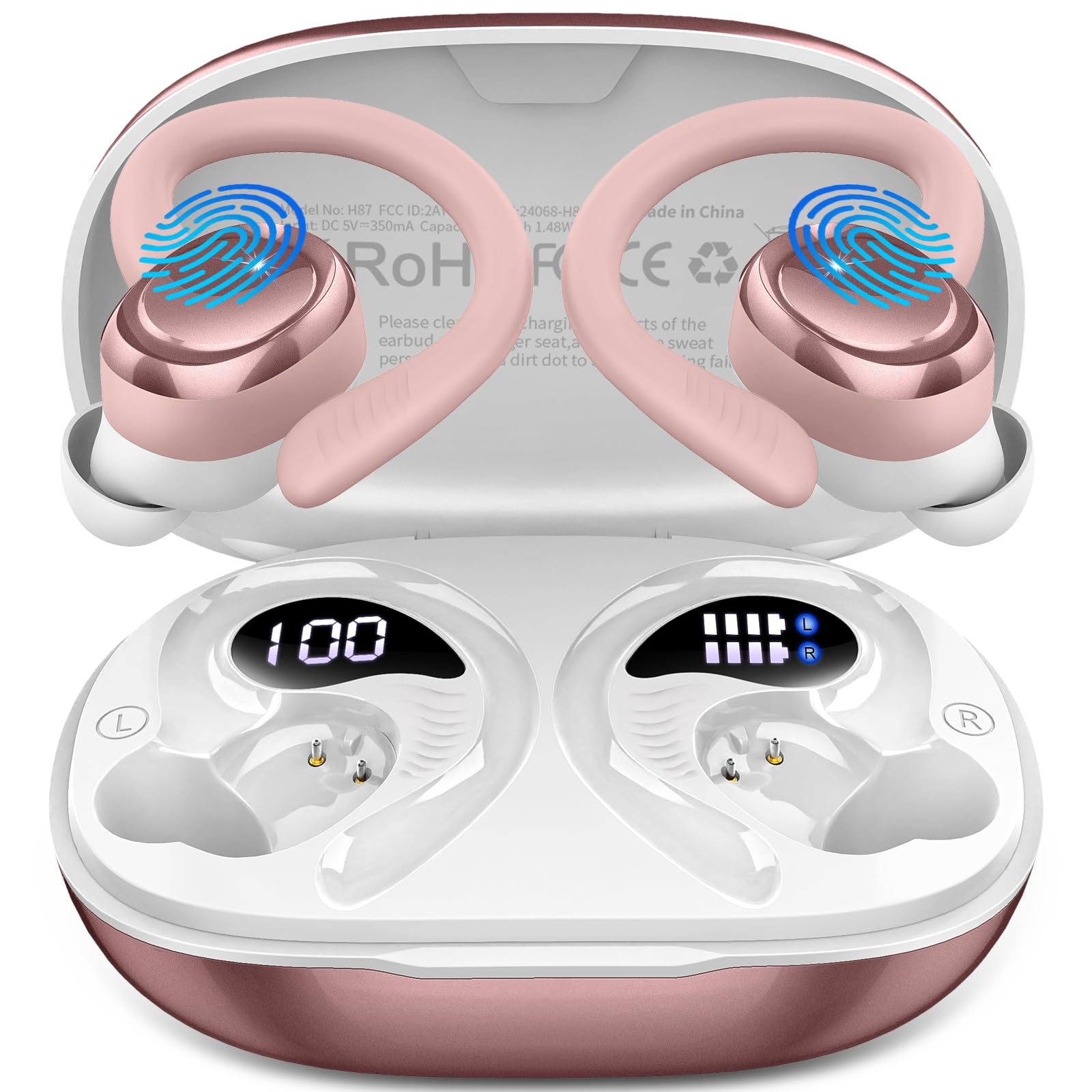 Hupoaf wireless earbuds sport rose with secure earhooks for stable workouts