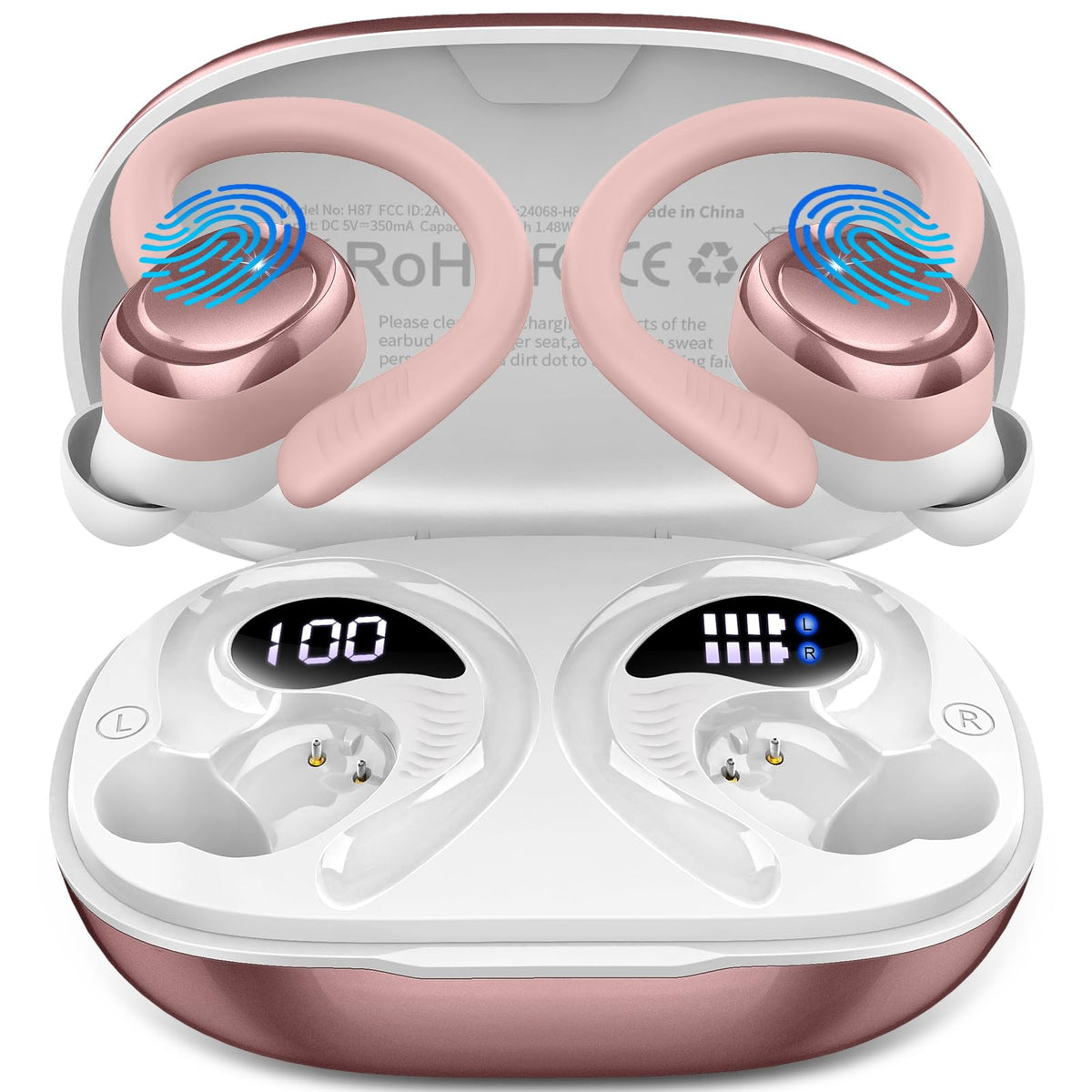 Hupoaf wireless earbuds sport rose with secure earhooks for stable workouts