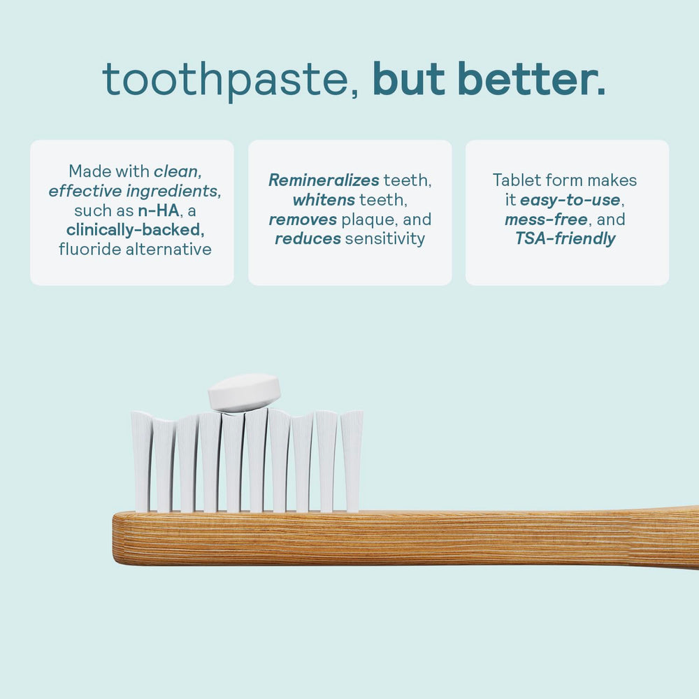 HUPPY Toothpaste Tablets close-up showing dissolve action and NHA remineralization potential