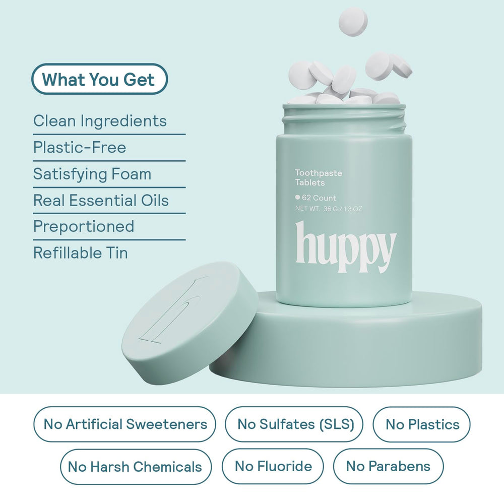 HUPPY Toothpaste Tablets foaming action mimics traditional toothpaste for a familiar feel