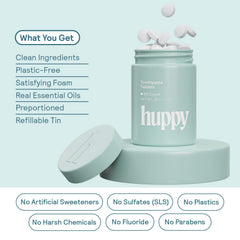 HUPPY Toothpaste Tablets foaming action mimics traditional toothpaste for a familiar feel