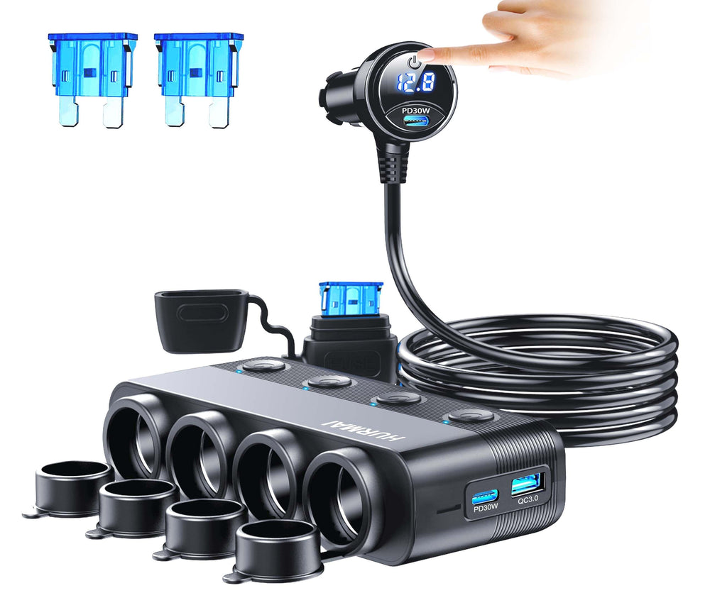 HURMAI cigarette lighter splitter front view for a versatile car power hub.