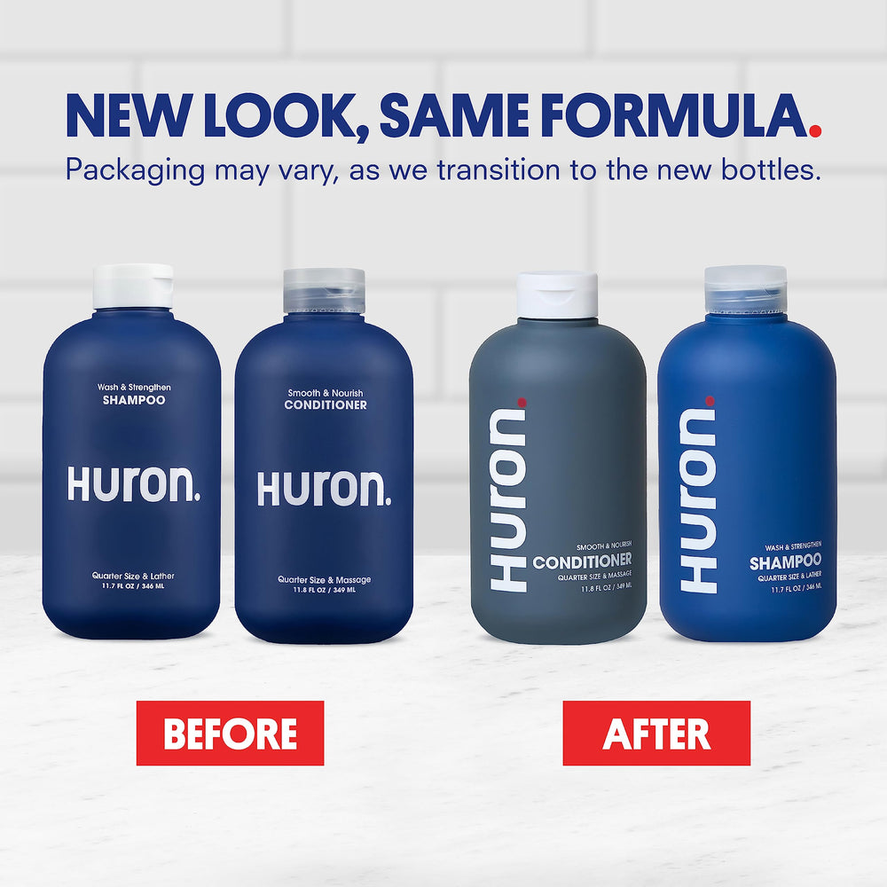 Huron Hair Duo conditioner bottle front emphasizes moisture and frizz control