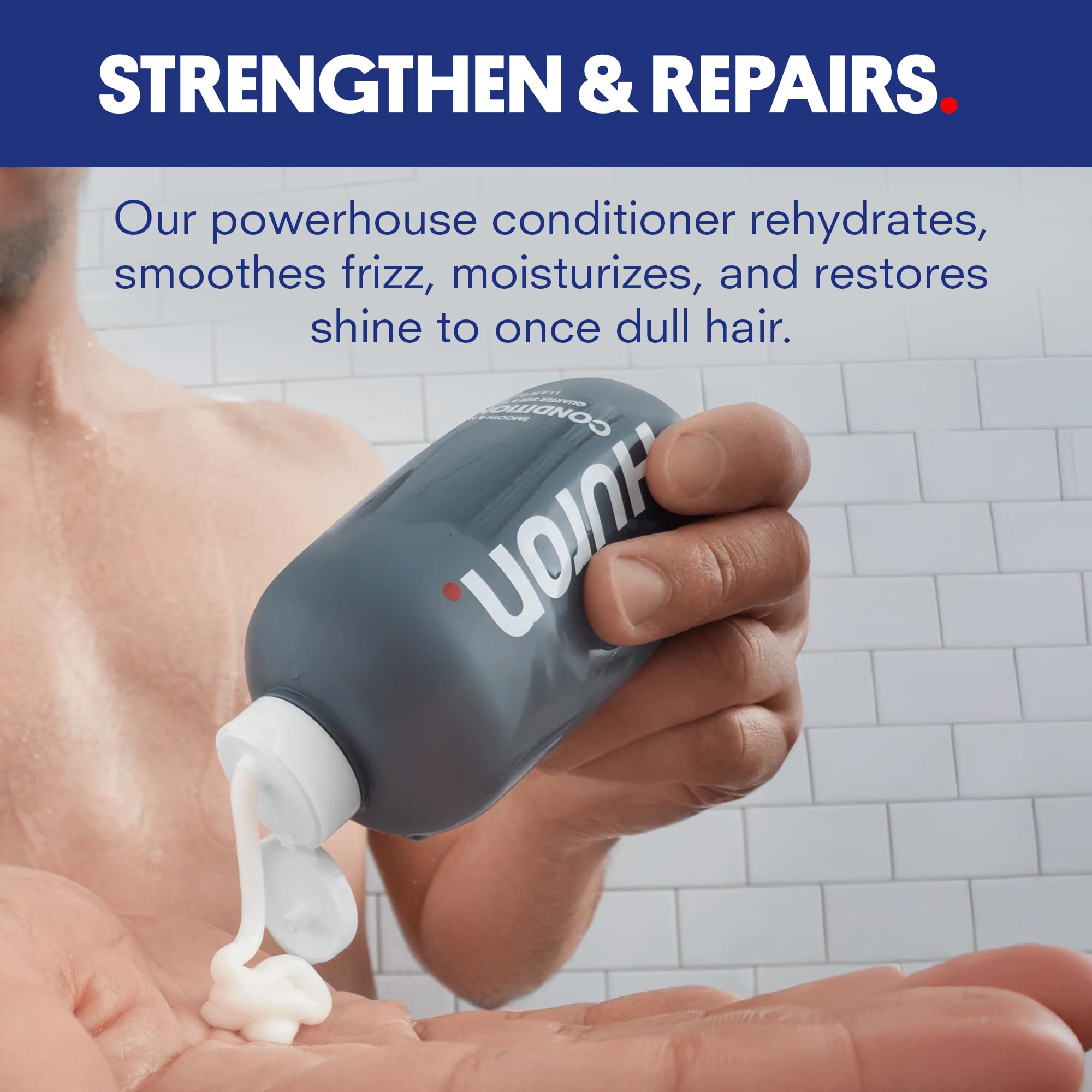 Huron Men’s Conditioner bottle focusing on frizz-control application for smooth hair.