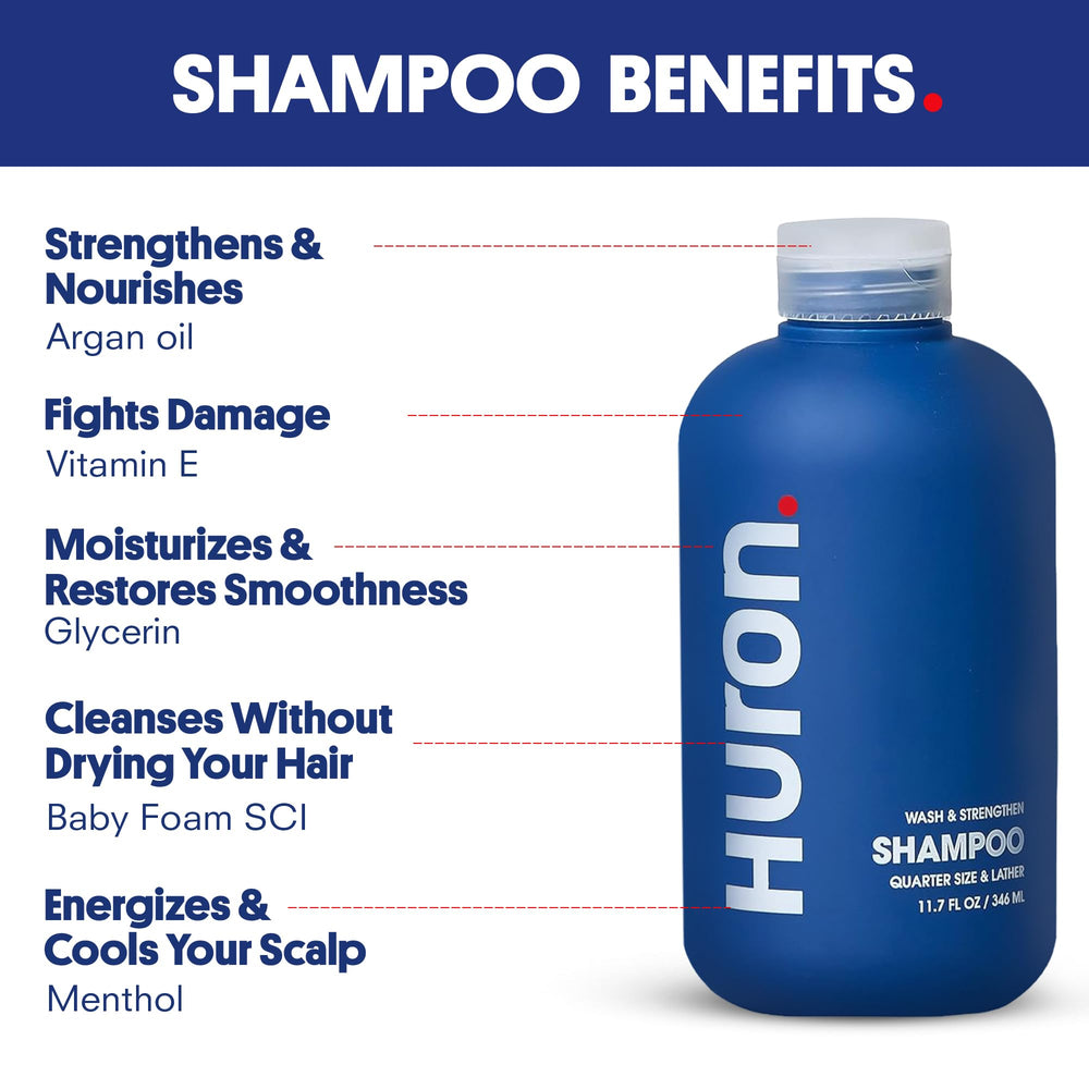 Huron Men's Shampoo argan oil bottle emphasizes nourishing hydration and smoothing benefits.