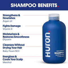 Huron Men's Shampoo argan oil bottle emphasizes nourishing hydration and smoothing benefits.