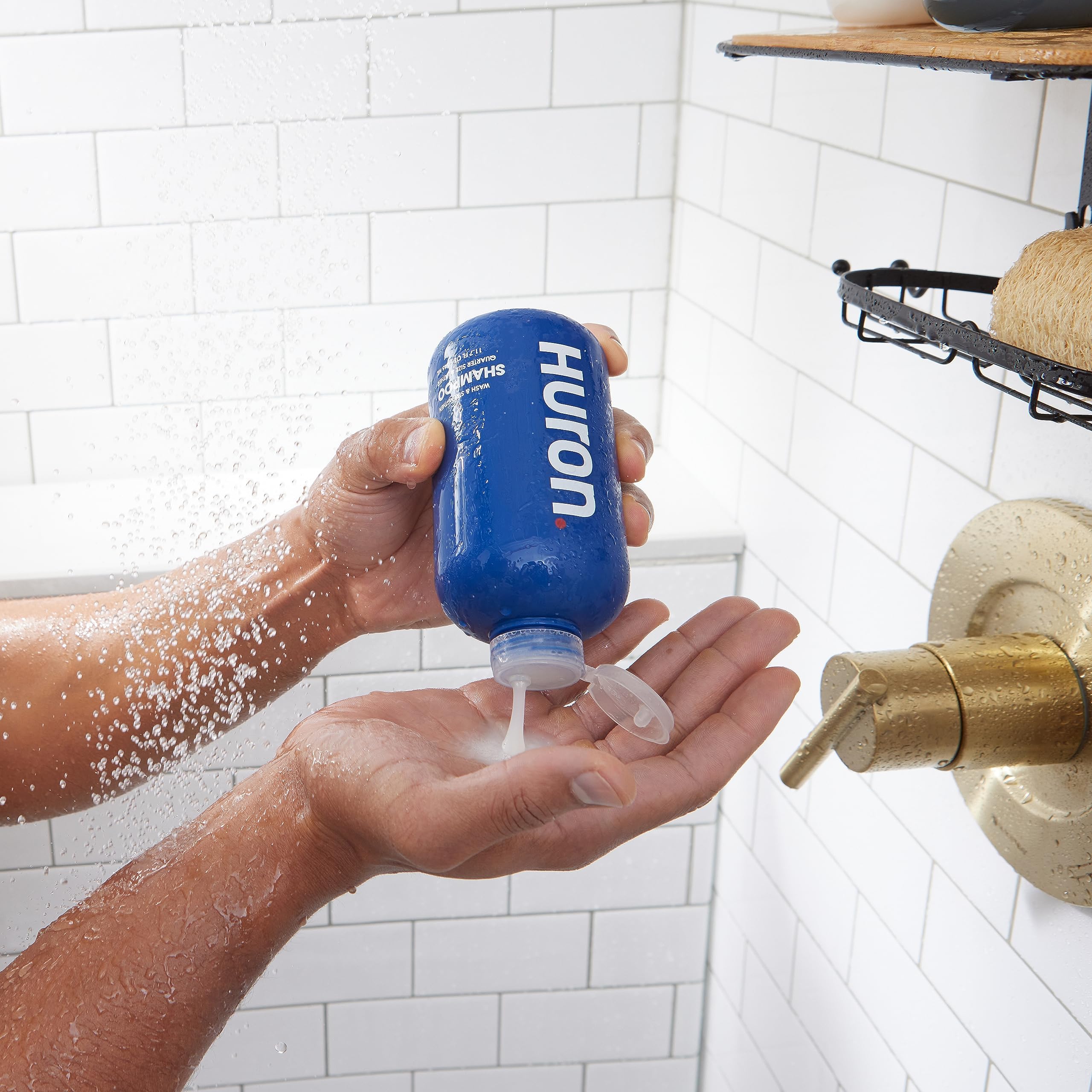 Huron Men's Shampoo daily-use scene implies convenient everyday care.