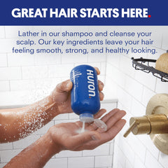 Huron Men's Shampoo foamy lather demonstrates gentle cleansing for all hair types.