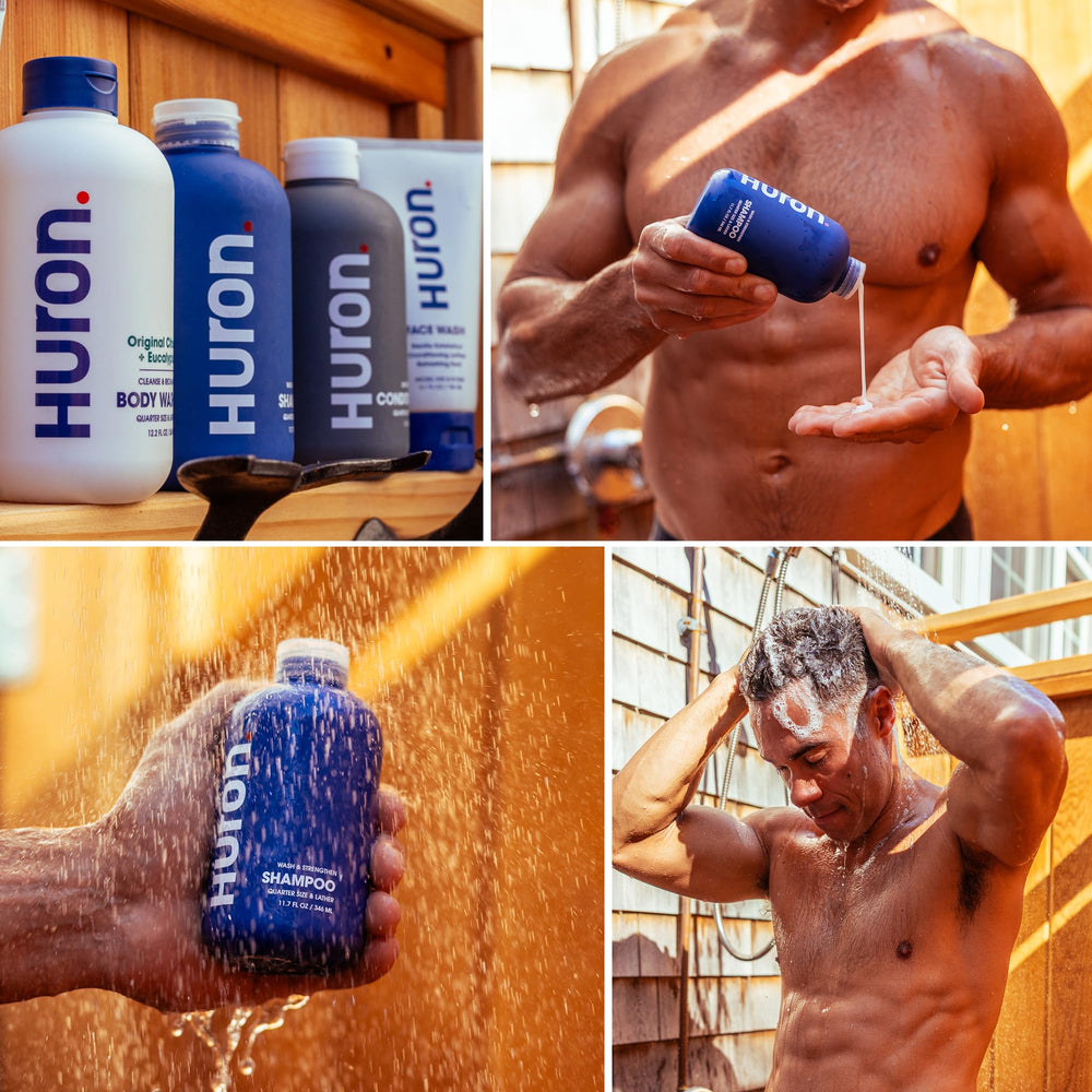 Huron Men's Shampoo packaging close-up shows clean, modern design.