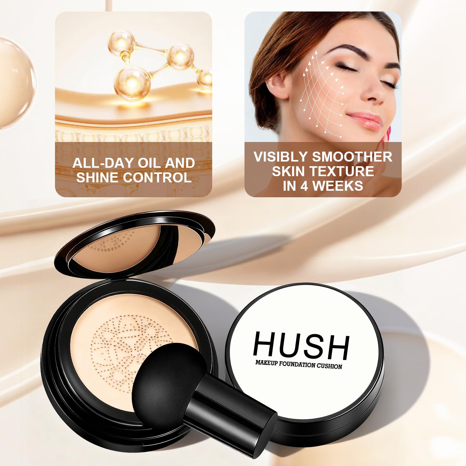 Hush Makeup Foundation Natural Glow bottle front showcases portable packaging.