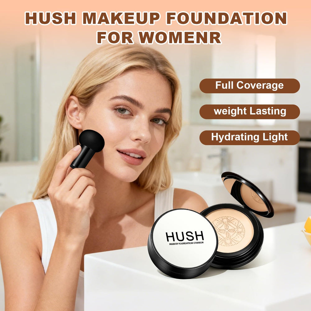 Hush Makeup Foundation Natural Glow puff-application demonstrates quick, streak-free blending.