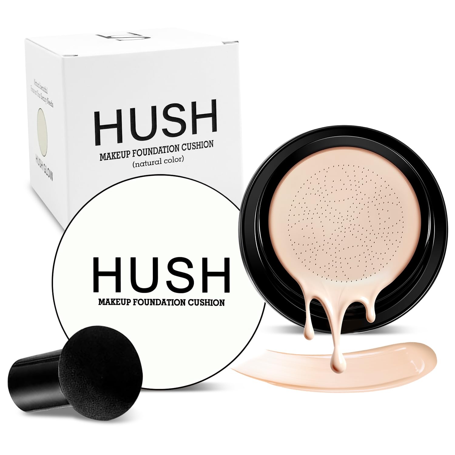 Hush Makeup Foundation Natural Glow swatch shows warm golden shade for light to medium skin.