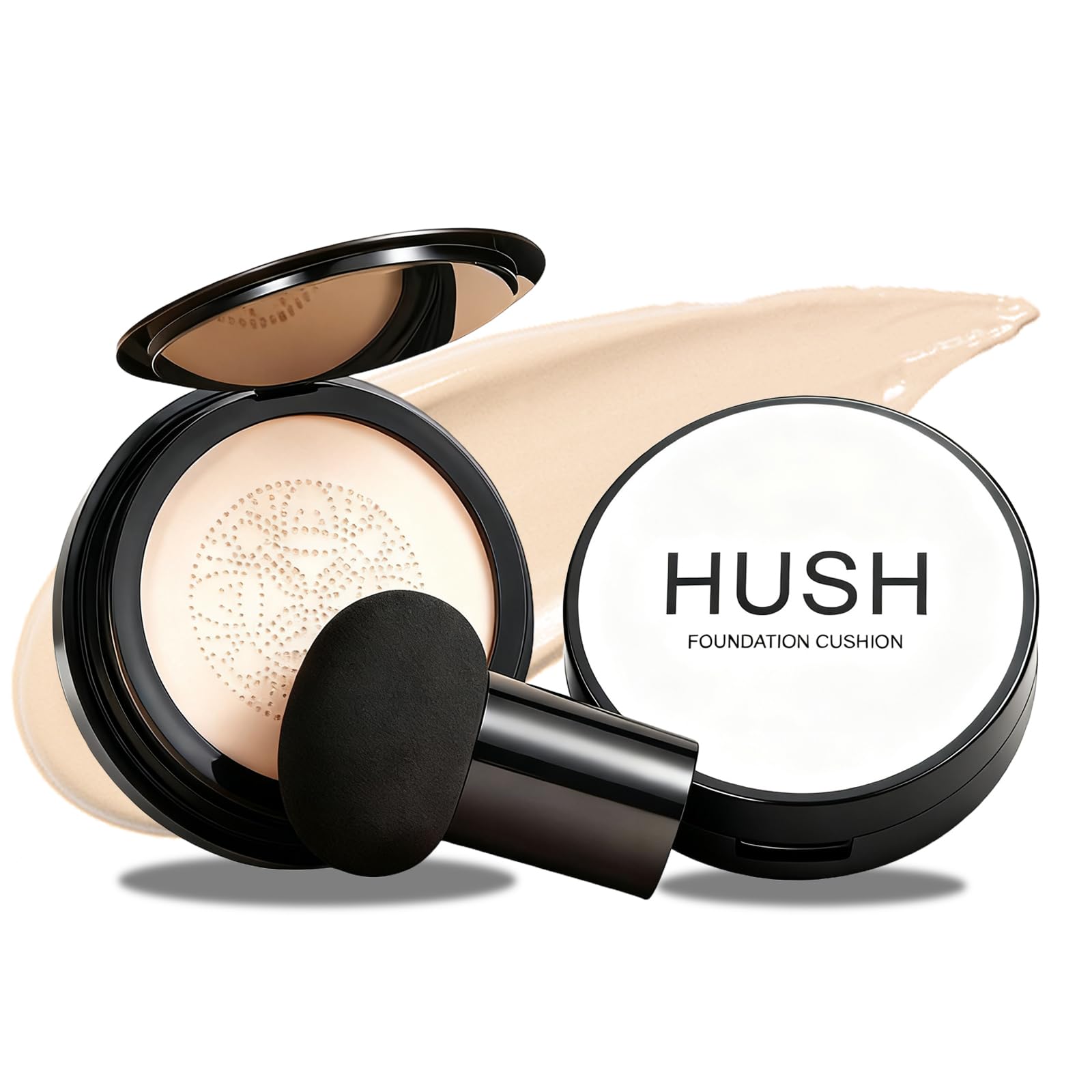 Hush Makeup foundation with warm-tone cushion and puff for easy, even blending on warm complexions