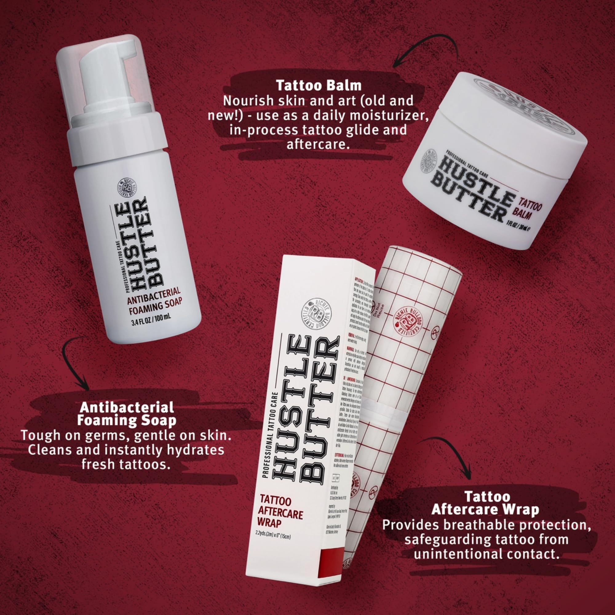 Hustle Bubbles Antibacterial Soap bottle demonstrating gentle cleansing for fresh tattoos.
