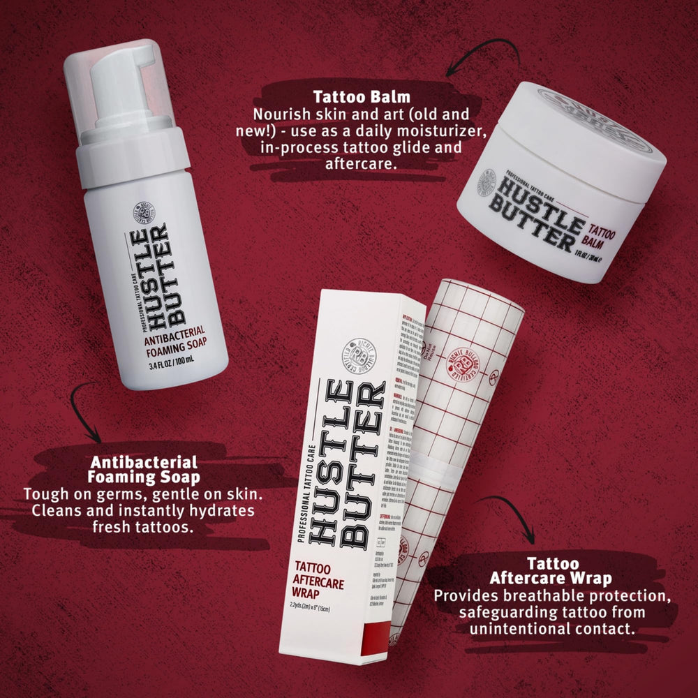 Hustle Bubbles Antibacterial Soap bottle demonstrating gentle cleansing for fresh tattoos.