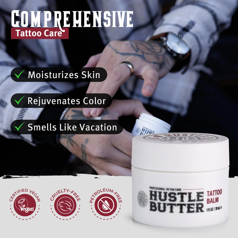 Hustle Butter Deluxe tattoo care kit box image showing all-in-one care.