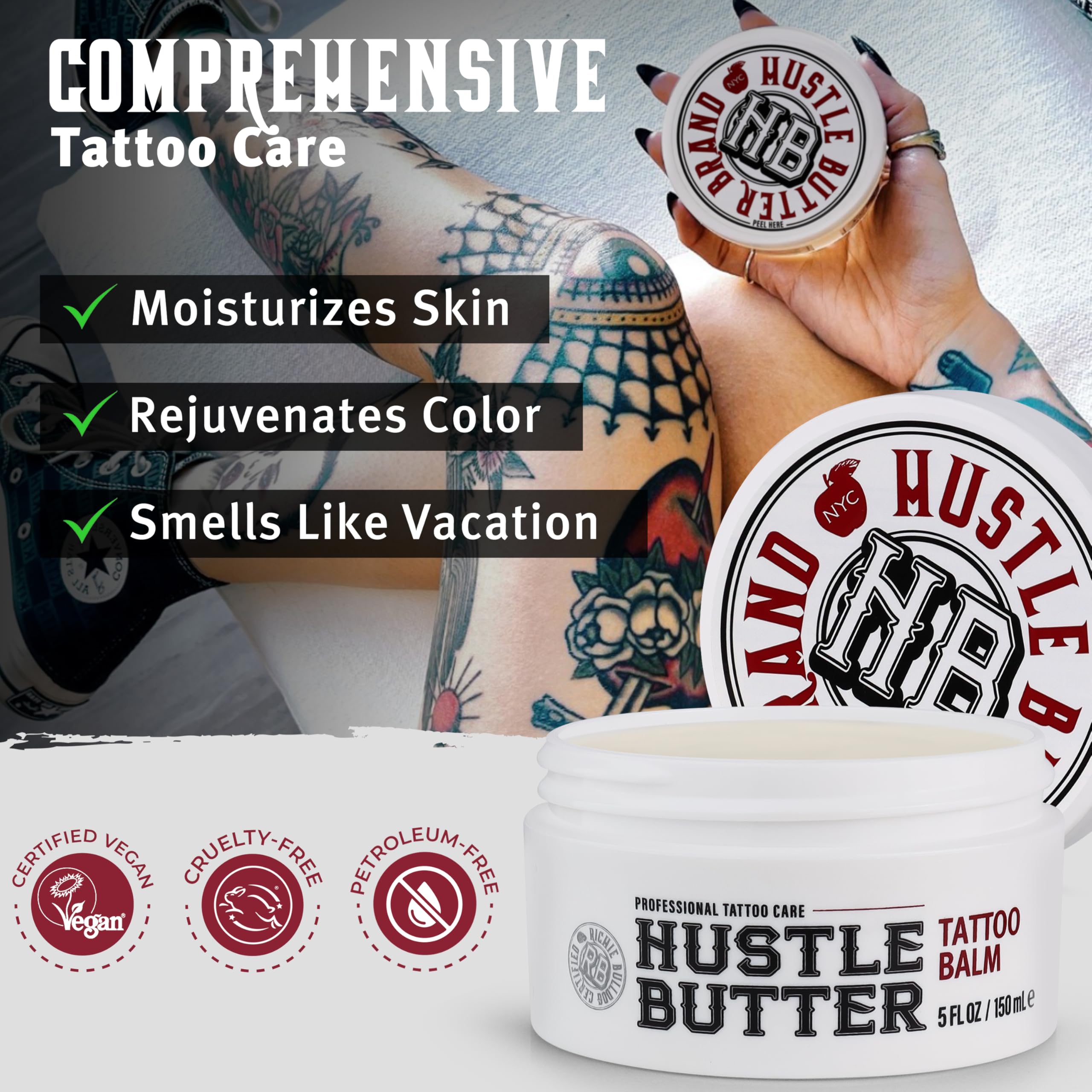 Hustle Butter Deluxe before during after usage scene illustrating versatile tattoo care