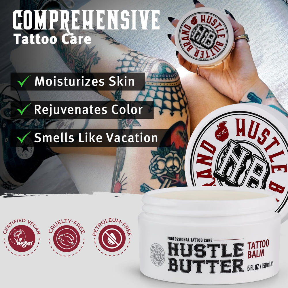 Hustle Butter Deluxe before during after usage scene illustrating versatile tattoo care