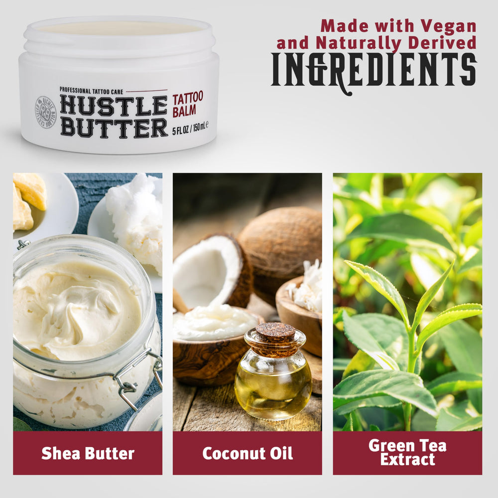 Hustle Butter Deluxe ingredients list with shea, coconut, mango, and green tea extract