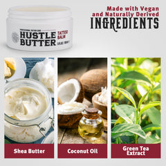Hustle Butter Deluxe ingredients list with shea, coconut, mango, and green tea extract