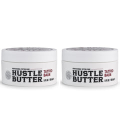 Hustle Butter Deluxe tattoo balm jar close-up showing natural ingredients for aftercare