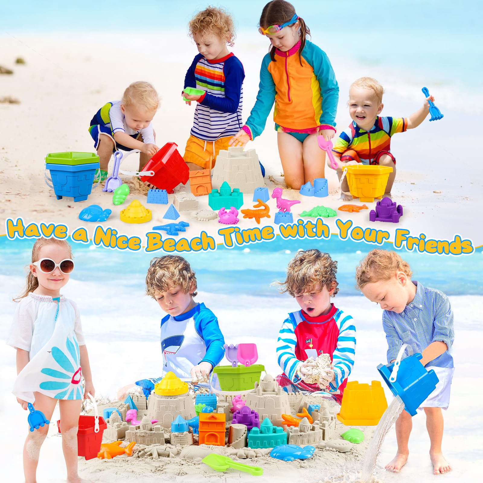 HUUIDY mesh bag and shovels help keep toys organized and dry.