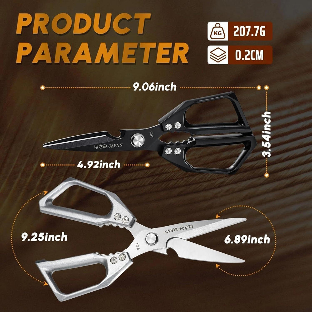 Huusk kitchen shears in action cutting through meat.