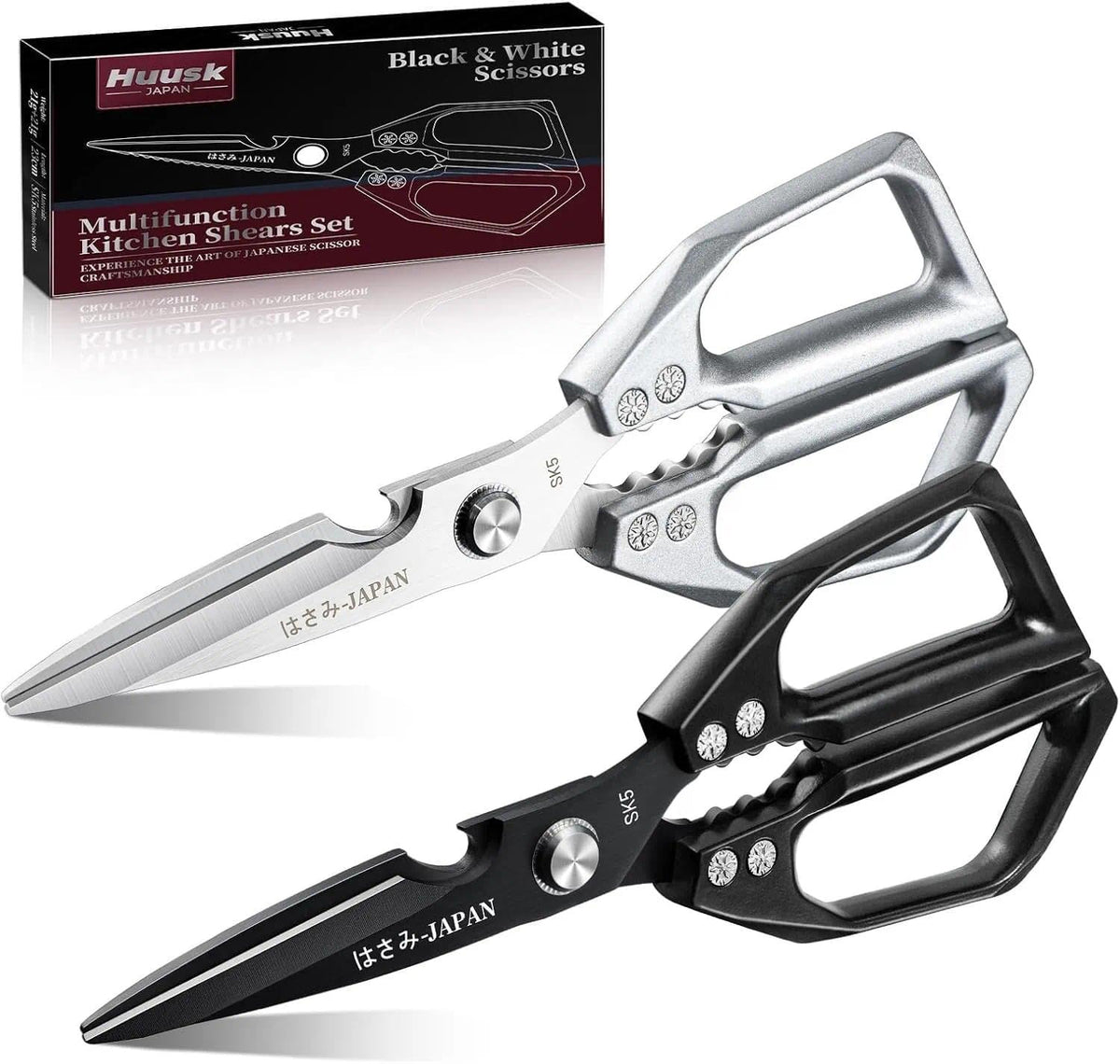 Huusk kitchen shears set in silver and black on a counter for versatile prep.